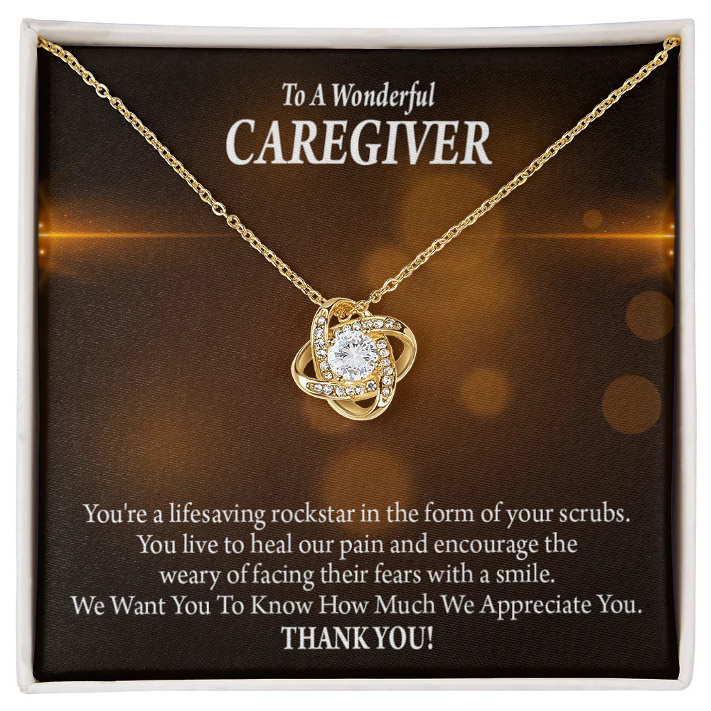 Rockstar Caregiver Infinity Knot CZ Necklace Gold Tone Standard Box